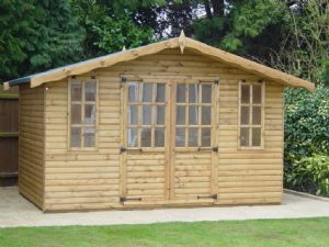 image: Log Cabin | 21mm cladding. 50mm x 50mm internal framing. Possible home office “easy assembly